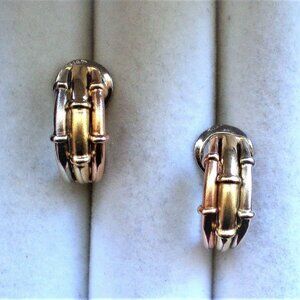 Designer Tri Color 14K Rose Yellow White Gold Bamboo Design Omega Back Earrings